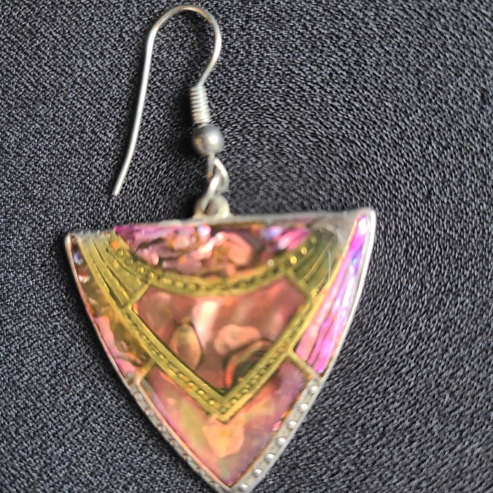 Vintage 90's earrings, dangle, coral and purple enamel, silver and gold accents - Picture 3 of 4
